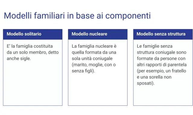 Il **concetto di famiglia** illustrato in tre modelli: solitario (un membro), nucleare (coppia con o senza figli) e senza struttura (altri parenti).