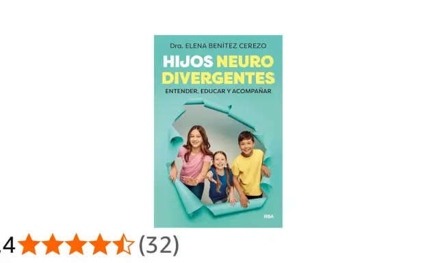 Libro "Hijos Neuro Divergentes" de Dra. Elena Benítez Cerezo, con tres niños sonriendo a través de un agujero.