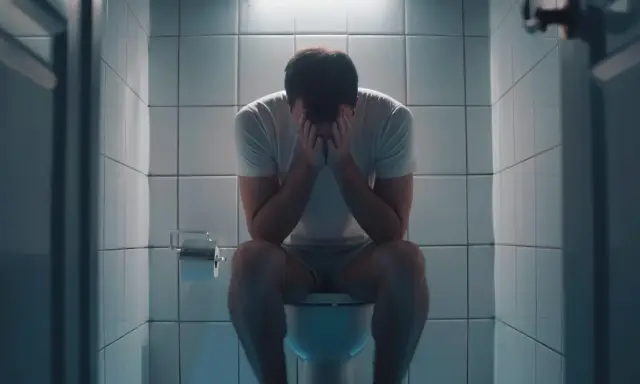 Mężczyzna siedzi na toalecie, trzymając się za twarz. Czuje, że twardy stolec nie chce wyjść, co powoduje jego cierpienie.