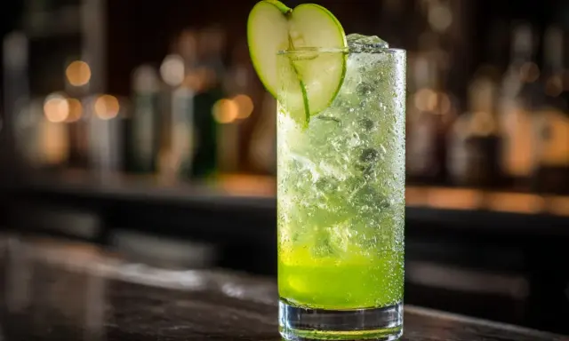 En uppfriskande grön drink, ett drink p2, med is och en äppelskiva som garnering, står på en bardisk.