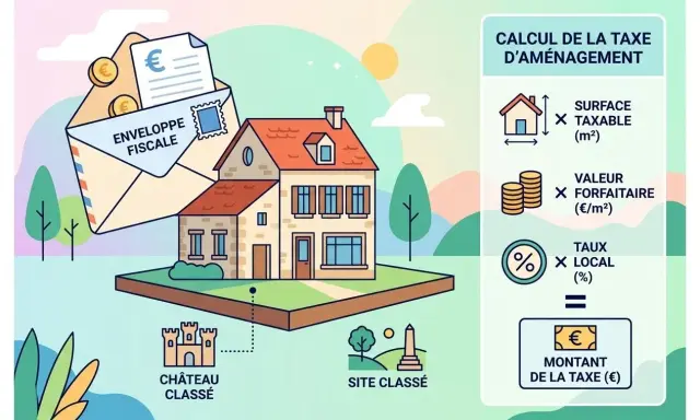 Calcul de la taxe d'aménagement : surface taxable x valeur forfaitaire x taux local = montant de la taxe. Une enveloppe fiscale et une maison illustrent le calcul de la taxe abri de jardin.
