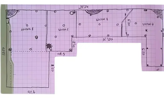 Plano de riego detallado por sectores, con medidas y puntos de instalación.