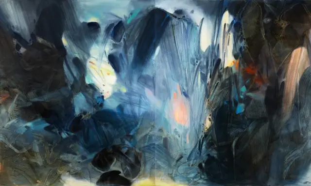 Abstract painting with dark blues, blacks, and hints of orange and yellow. The brushstrokes create a sense of depth and movement, evoking a feeling of a mystical landscape, perhaps a scene from Chu Teh-Chun's imagination.