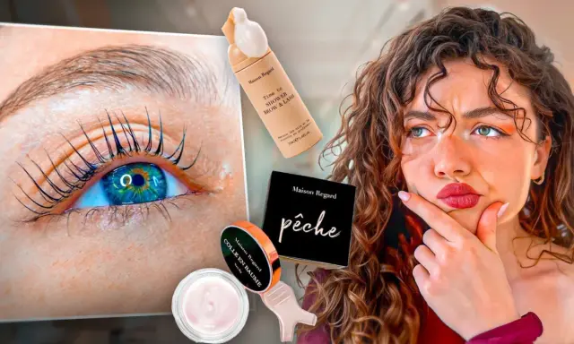 Un œil avec des cils recourbés, des produits de beauté Maison Regard, dont un pour le rehaussement cils, et une femme songeuse.