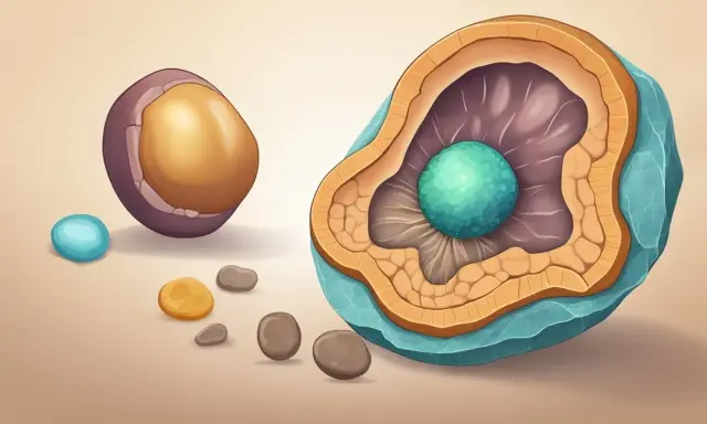 Ilustracja przedstawia przekrój przez komórkę, sugerując przyczyny kamicy nerkowej. Wokół znajdują się małe kamyczki.