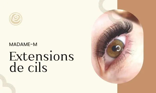 Un œil avec des extensions de cils volumineuses, offrant un regard intense. Une alternative au mascara semi-permanent pour un effet longue durée.