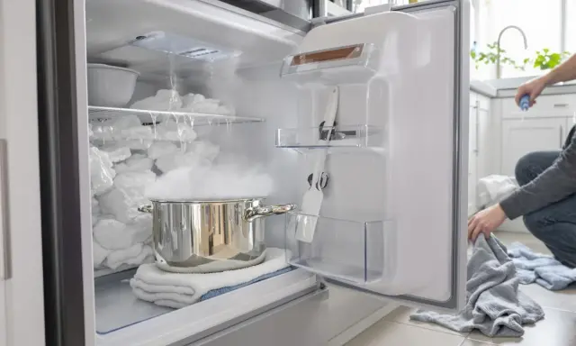Heißer Dampf hilft, den **Gefrierschrank abtauen schnell**. Ein Topf mit heißem Wasser und Tücher im Gefrierfach beschleunigen den Prozess.