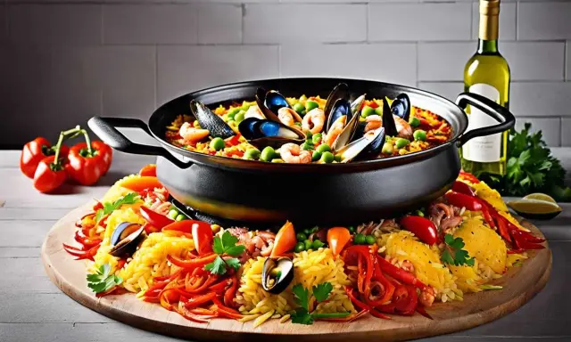Un plat de paella royale débordant de fruits de mer, de riz jaune, de poivrons et de petits pois, prêt à être dégusté.