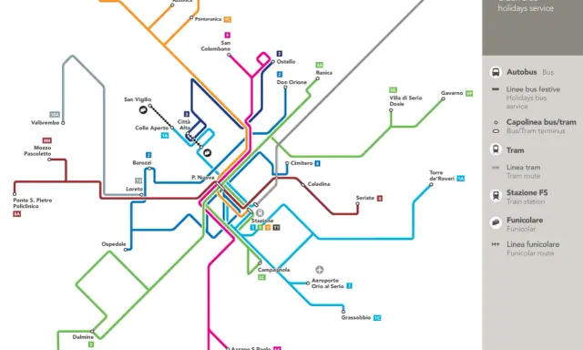 Mapa komunikacji miejskiej z zaznaczonym lotnisko Mediolan Bergamo, liniami autobusowymi, tramwajowymi i kolejowymi.