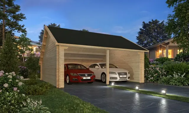 Un garage en bois abrite deux voitures. Le prix de construction de ce garage est abordable.
