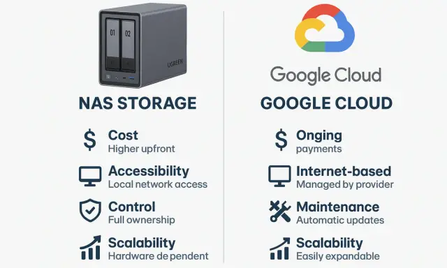 Comparaison entre le stockage NAS et Google Cloud. Le NAS offre un stockage ordinateur local, avec un coût initial élevé mais un contrôle total.
