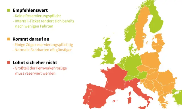 Europakarte zeigt, wo sich eine Europareise mit dem Zug lohnt. Grün: Empfehlenswert, keine Reservierung. Orange: Kommt darauf an. Rot: Eher nicht, viele Reservierungen nötig.