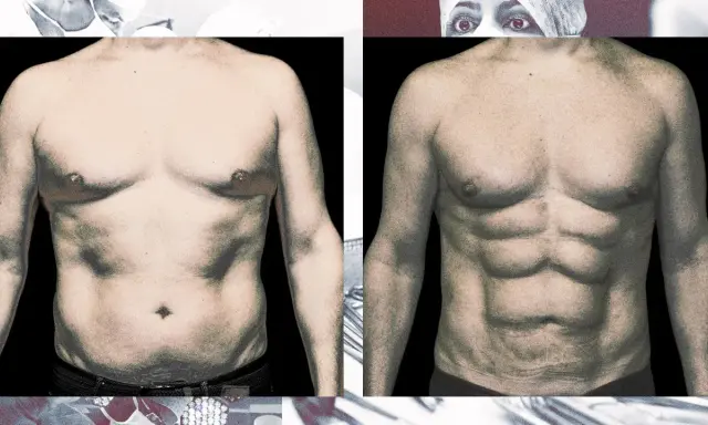 Vorher-Nachher-Vergleich: Bauchmuskeltraining bis man was sieht. Links ein weicher Bauch, rechts ein definierter Sixpack.