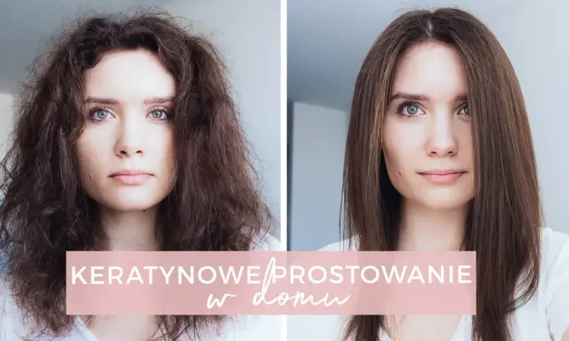 Przed i po zabiegu keratynowe prostowanie włosów. Włosy z kręconych i puszących się stały się gładkie i lśniące.
