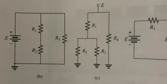 Quattro schemi elettrici con resistori e generatori. Nel circuito (a) la corrente si divide in parallelo tra R1, R2 e R3.