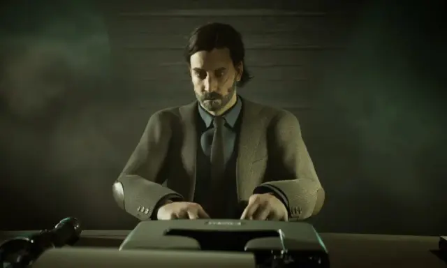 Alan Wake pisze na maszynie, otoczony mroczną mgłą.