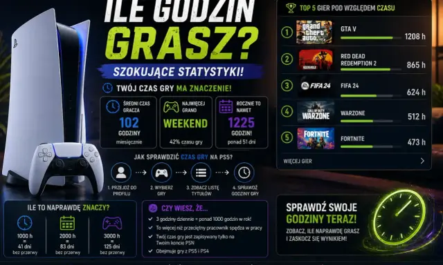 Statystyki czasu gry na PS5: średnio 102h miesięcznie, najwięcej w weekend. Zobacz, ile godzin spędzasz na swoich ulubionych grach!