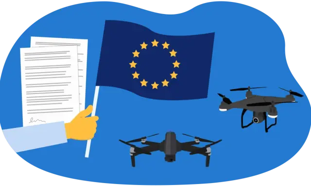 EU-Flagge, Dokumente und zwei Drohnen, die fliegen.