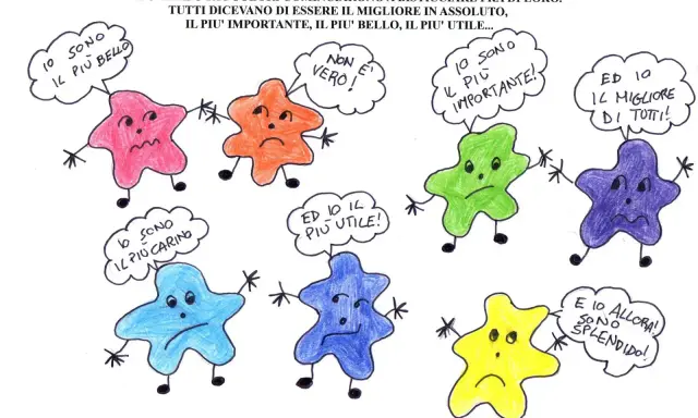 Disegno di stelle colorate che litigano, con fumetti che esprimono vanità. Un esempio di testi sull'amicizia scuola primaria.