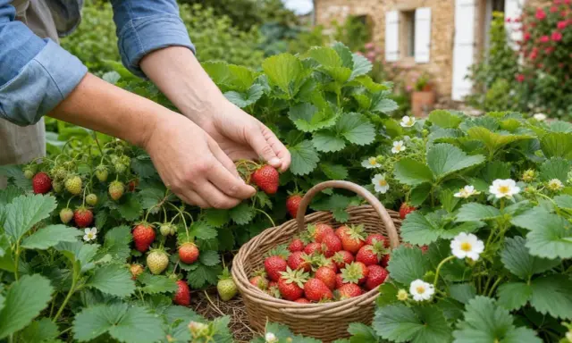 Mains cueillant des fraises mûres dans un champ. Un panier en osier est rempli de fruits rouges, prêt pour la récolte d'un fraisier remontant ou non remontant.