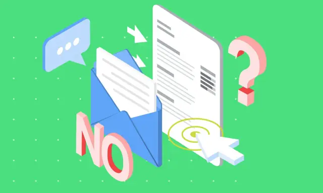 Grafika z kopertą, dokumentem, znakiem zapytania i napisem "NO".