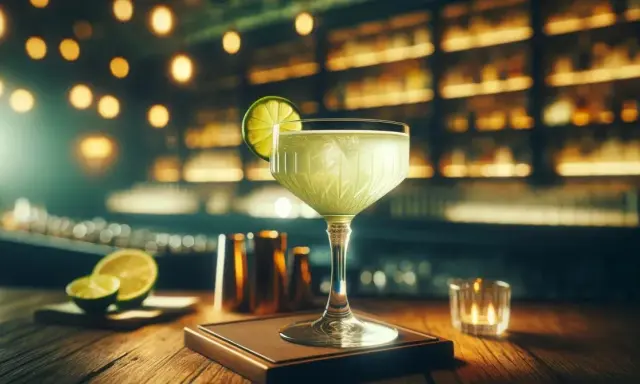 Orzeźwiający gimlet drink z plasterkiem limonki, podany w eleganckim kieliszku na tle rozmytego baru.