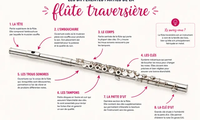 Vue détaillée d'un instrument bois, la flûte traversière, avec ses différentes parties étiquetées : tête, embouchure, corps, clés, trous sonores, tampons, patte d'Ut et clé d'Ut.