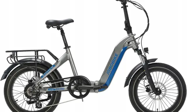 Srebrno-niebieski rower elektryczny Jobobike, model Romer. Idealny do miasta i na wycieczki.