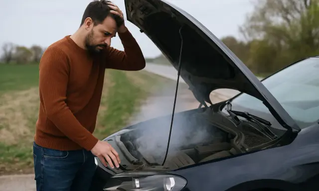 Uomo preoccupato guarda il fumo uscire dal cofano aperto, la vaschetta radiatore si svuota.