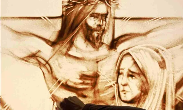 Jezu Chryste Panie miły, tekst z piasku ukazuje cierpienie i miłość.