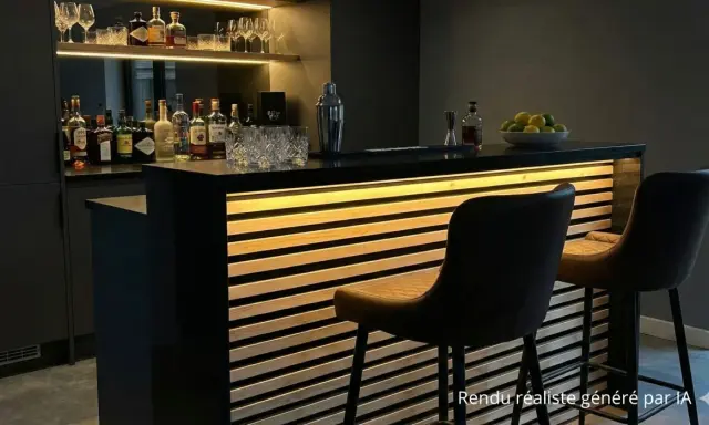 Bar moderne avec éclairage LED intégré dans des tasseaux de bois. Idée déco pour un coin bar chic.