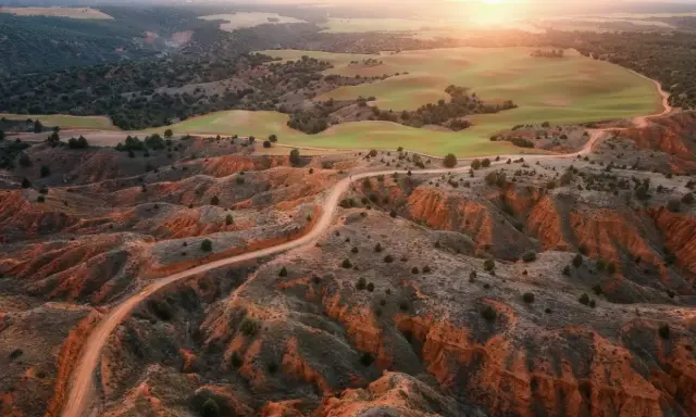 Un camino serpentea por la rambla de Barrachina, un paisaje ocre y verde bañado por el sol del atardecer.