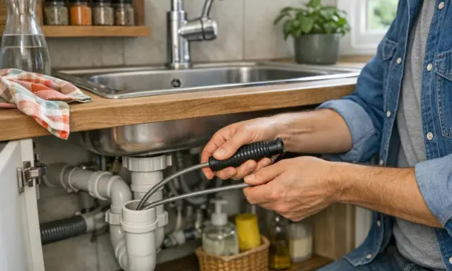Un homme utilise un furet pour déboucher un évier de cuisine. Les canalisations sous l'évier sont visibles.
