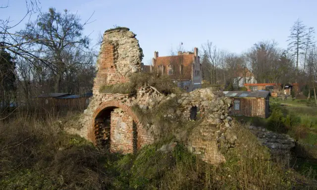 Ruiny przezmark zamku porośnięte zielenią, z widocznym fragmentem ceglanego muru z łukiem. W tle budynki i drzewa.