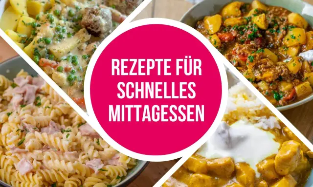 Vier leckere Gerichte für ein schnelles Mittagessen: Frikadellen mit Kartoffeln und Erbsen, Gulasch mit Kartoffeln, Nudeln mit Schinken und Curry mit Reis.