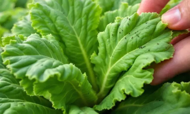 Puceron choux : une main examine une feuille verte infestée de petits insectes noirs. Un traitement naturel est peut-être nécessaire.