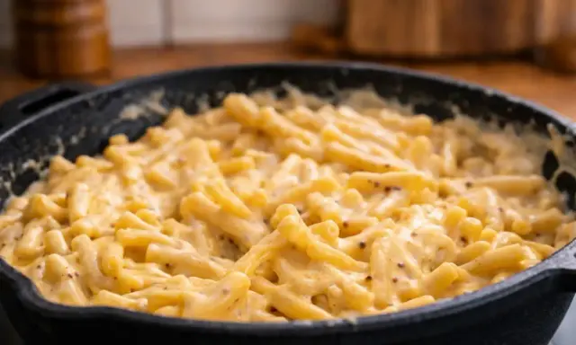 Cremiges Mac & Cheese Rezept in einer Gusseisenpfanne, perfekt für einen gemütlichen Abend.