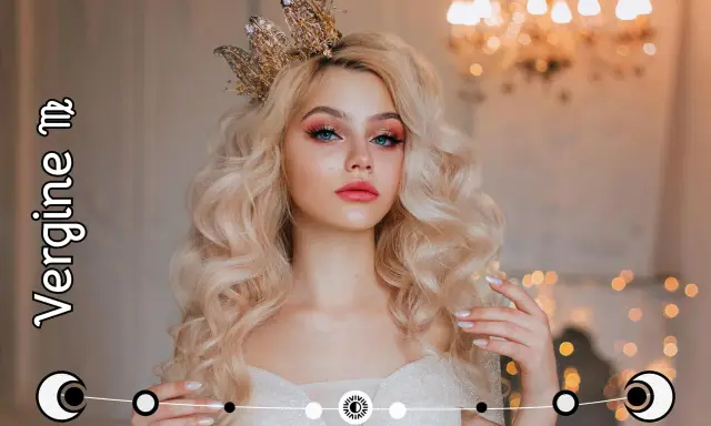 Królowa z koroną, blond włosami i makijażem oczu. Tekst "Vergine" i symbol Panny wskazują na ascendent w Pannie.