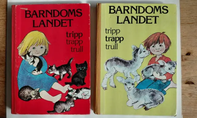 Two children's book covers: one red with a girl and kittens, one yellow with a girl and lambs.
