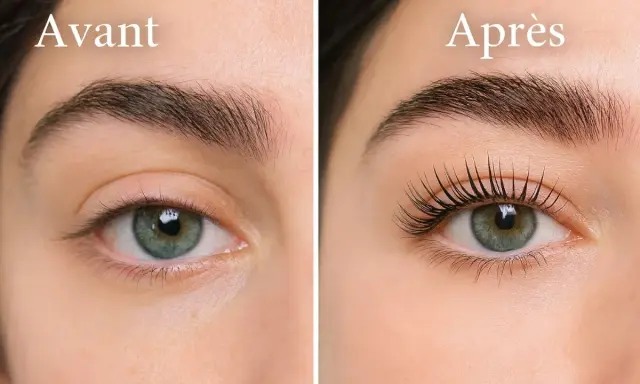 Avant/Après : regard transformé par un rehaussement de cils. Découvrez la durée de cette extension de cils naturelle.