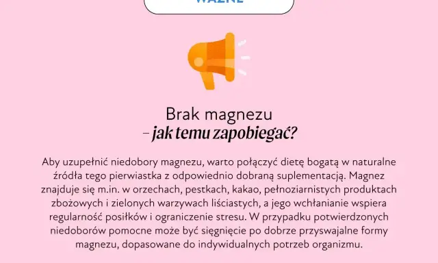 Grafika informuje o tym, jak zapobiegać brakowi magnezu. Wskazuje na dietę bogatą w orzechy, kakao i warzywa.