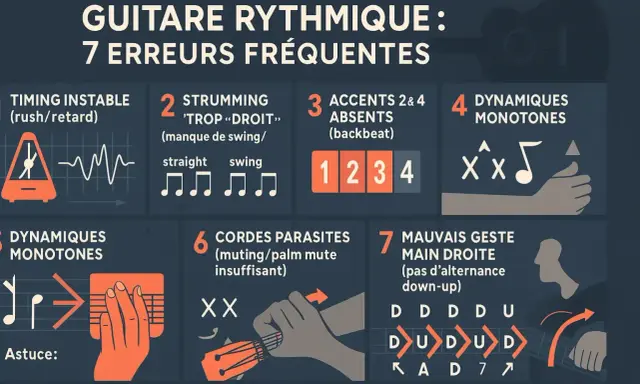 Le nom de cet instrument de musique est guitare. L'image illustre 7 erreurs fréquentes en guitare rythmique, comme le timing instable ou les dynamiques monotones.