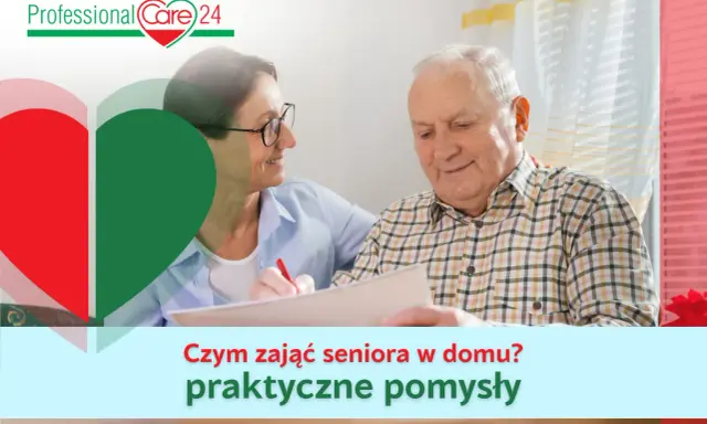 Opiekunka pomaga seniorowi w wypełnianiu dokumentów, podpowiadając, czym zająć seniora w domu.