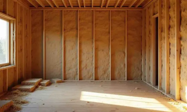 Intérieur d'une maison en construction, avec un mur terre paille visible. Des bottes de paille sont empilées près d'une fenêtre.