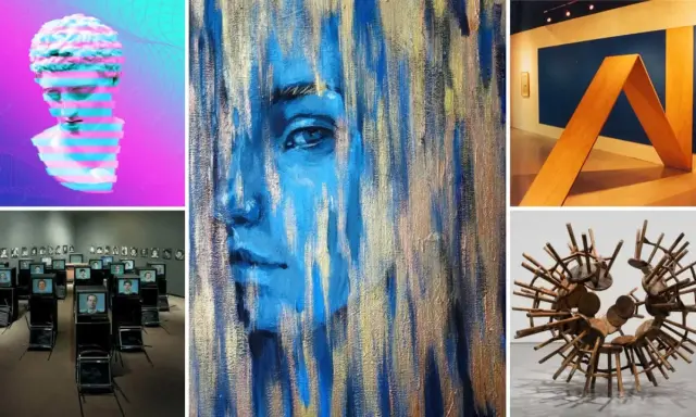 Collage of modern art: glitch bust, blue portrait, video installation, wooden sculpture, and chair art. These explore what themes had the largest impact on modern art.