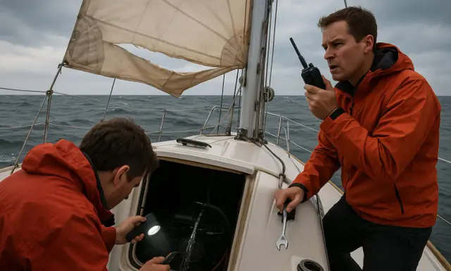 Deux hommes sur un voilier en mer agitée examinent le moteur. L'un éclaire avec une lampe torche, l'autre tient une clé, peut-être pour le fonctionnement inverseur moteur bateau.
