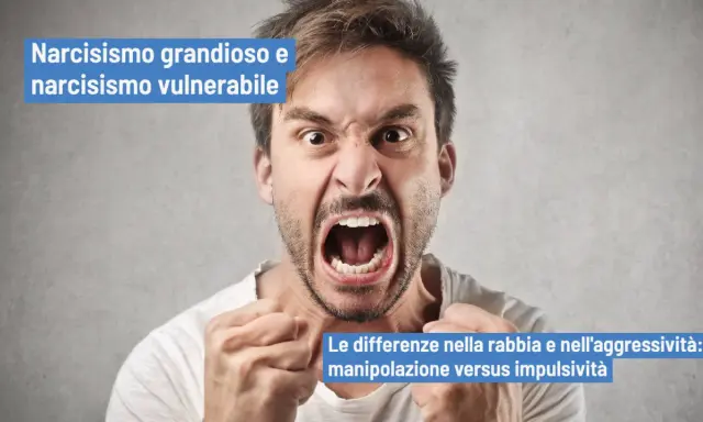 Uomo con espressione di rabbia narcisistica, pugni stretti. Testo: "Narcisismo grandioso e vulnerabile. Differenze tra rabbia e aggressività.