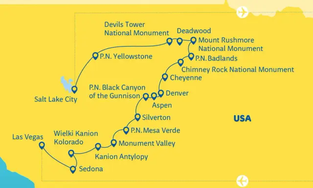 Mapa USA z trasą przez parki narodowe: Yellowstone, Black Canyon, Mesa Verde, Wielki Kanion Kolorado, Antelope Canyon, a także Devils Tower, Mount Rushmore i Badlands.