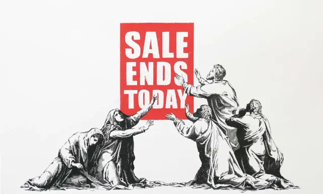 Figures reach for a red sign reading "SALE ENDS TODAY," perhaps lamenting the tax on sale of inherited art.