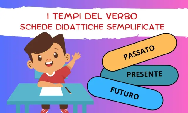 Un bambino studia i tempi del verbo: passato, presente e futuro. Schede didattiche semplificate per la classe seconda.